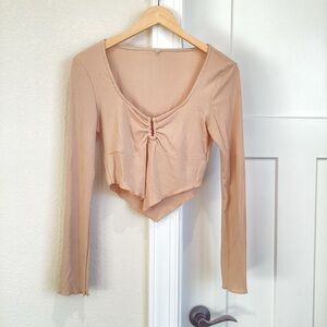 Long-Sleeve Ribbed Crop Blouse Beige Medium